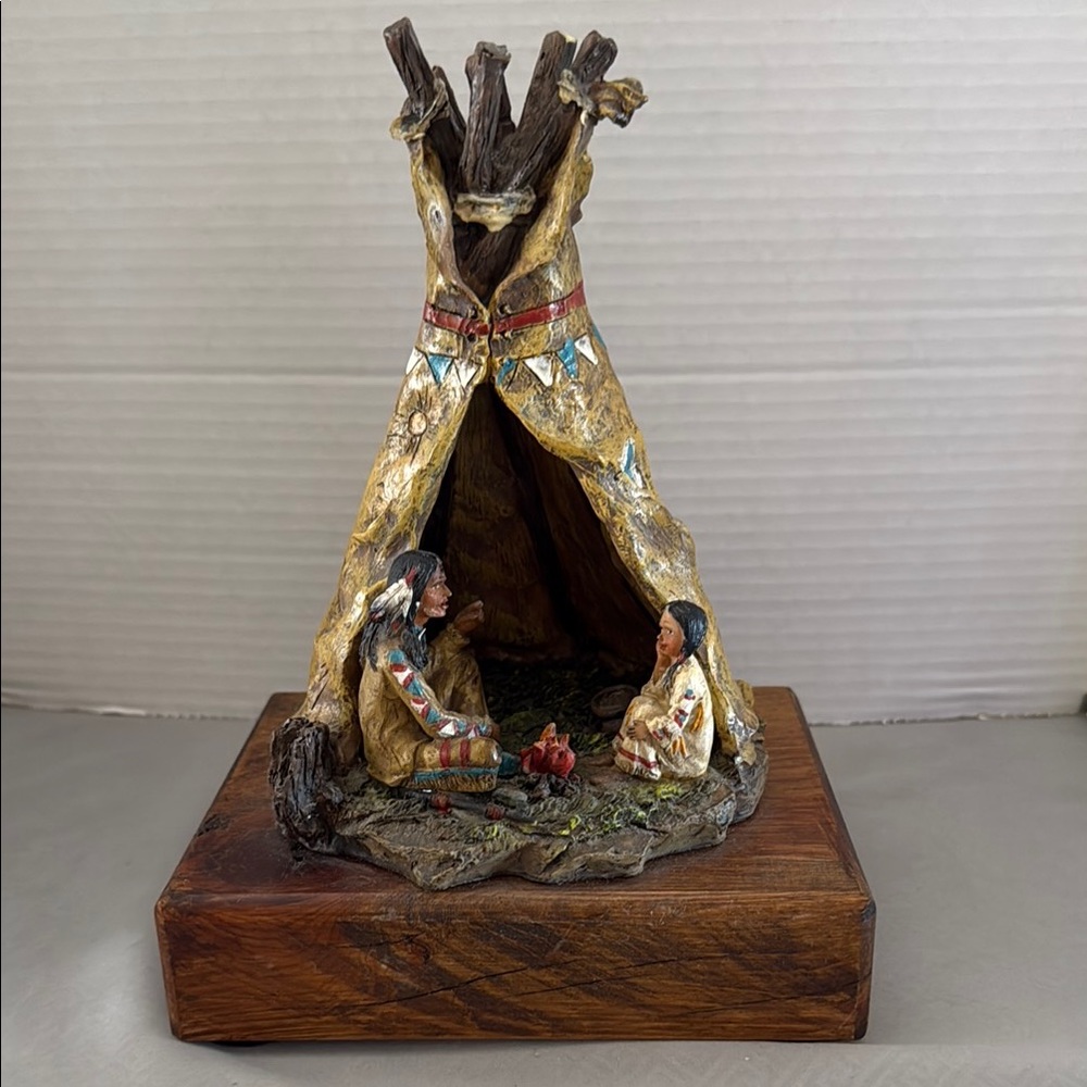 Vintage Native American Indians in Teepee Wigwam Rustic Tribal Culture Sculpture